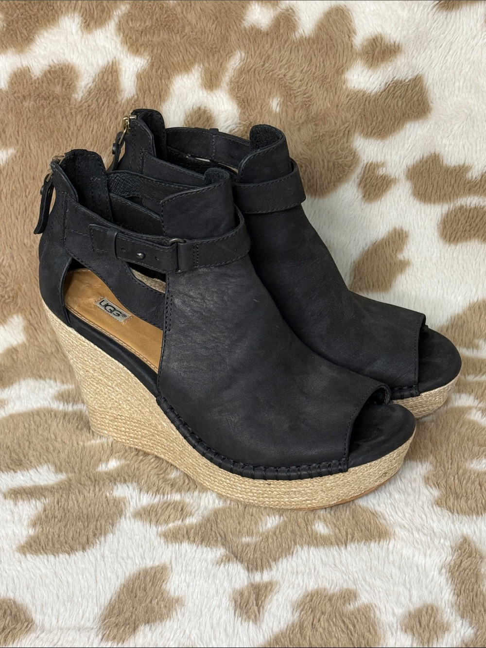 UGG Black Leather Espadrille Wedge Sandals
